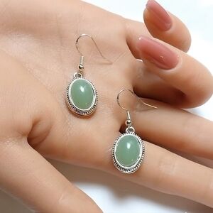 Sterling Silver Green Jade Oval Earrings